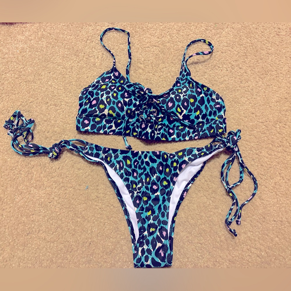 Blue green & pink cheeta print 2 piece bikini